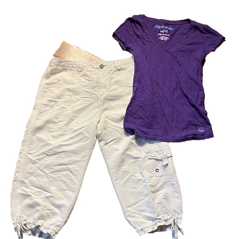Cream Cargo Pants with purple top box 29